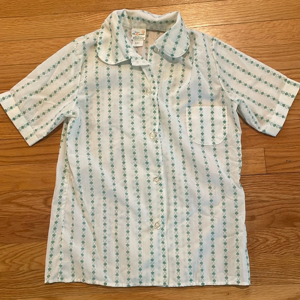 Vintage Girl Scouts blouse shirt white green pocket short sleeve size 14